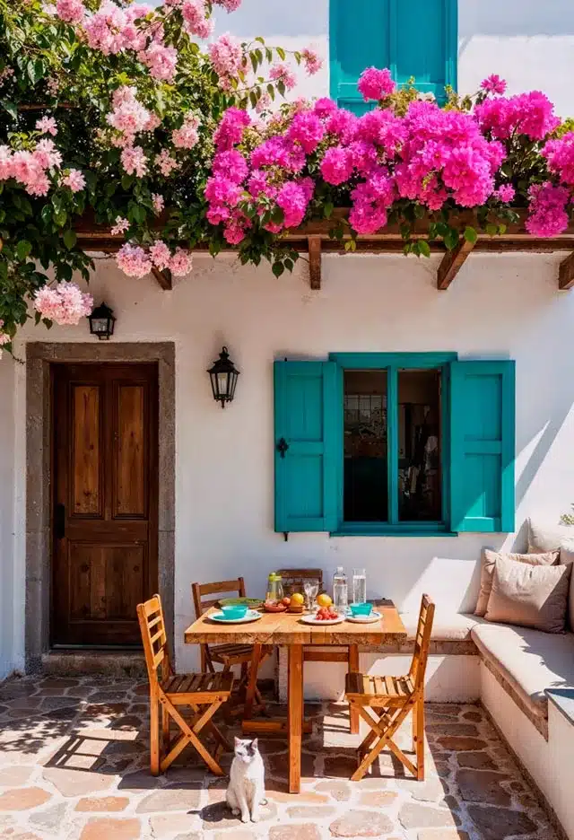 Balcón mediterráneo con buganvillas.