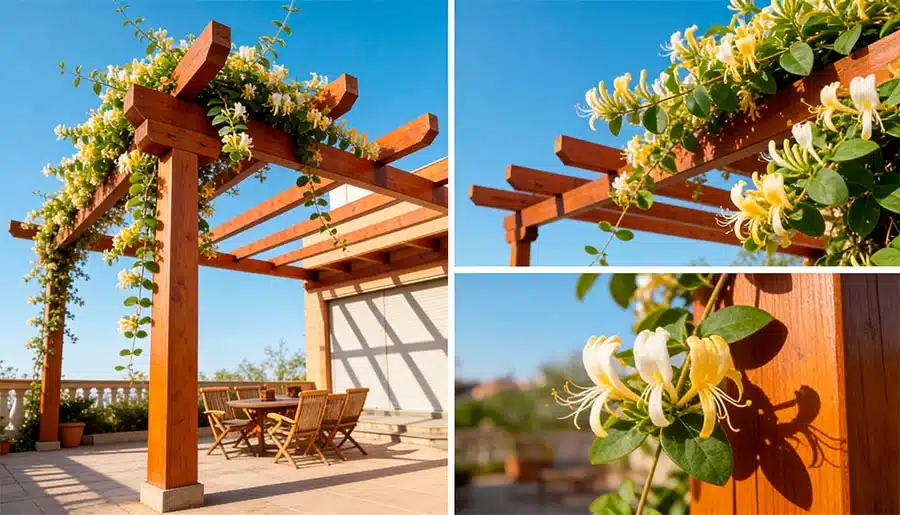 Detalles del crecimiento de una madreselva sobre una pérgola de madera.