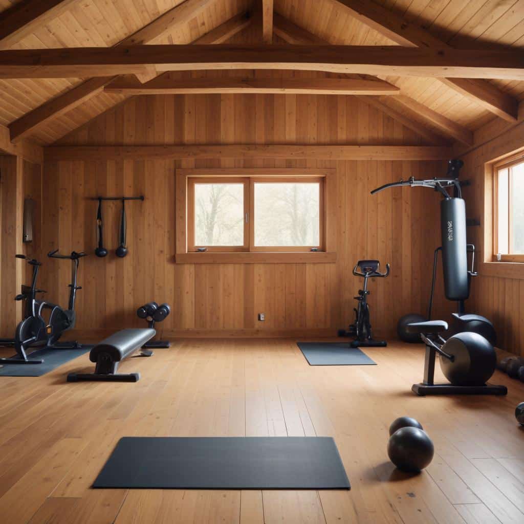 Recreación de una casa de madera con un espacio de entrenamiento personal.