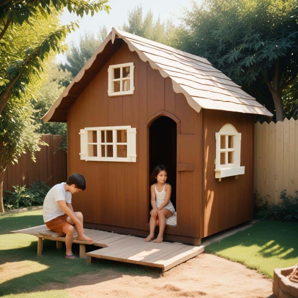 Recreación de una caseta de juegos infantil en el jardín de una vivienda.