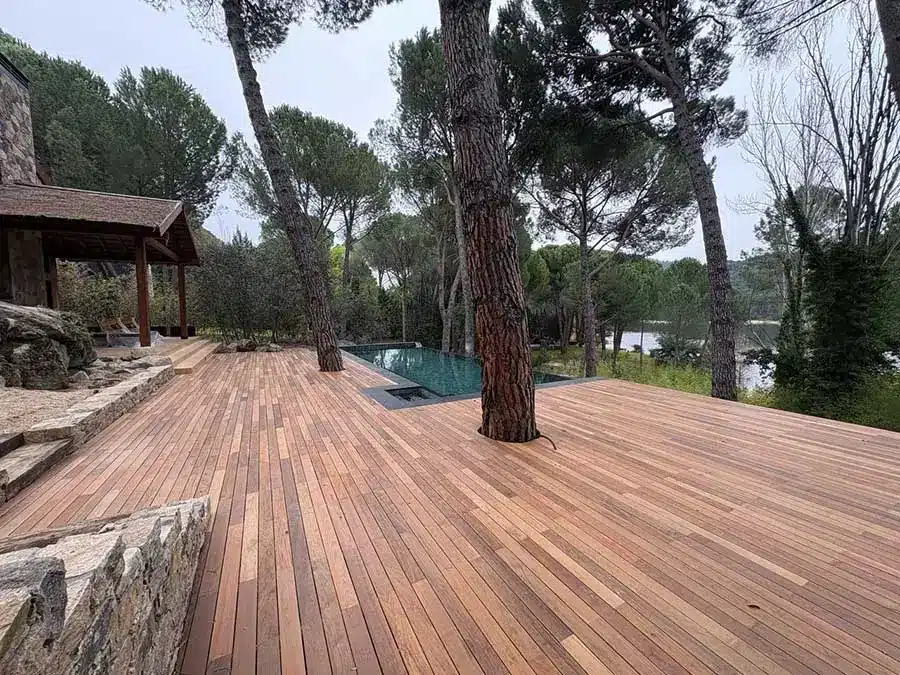 Tarima de ipé en zona de piscina Tarima de madera de ipé junto a una piscina, con el tronco de un pino integrado en el suelo