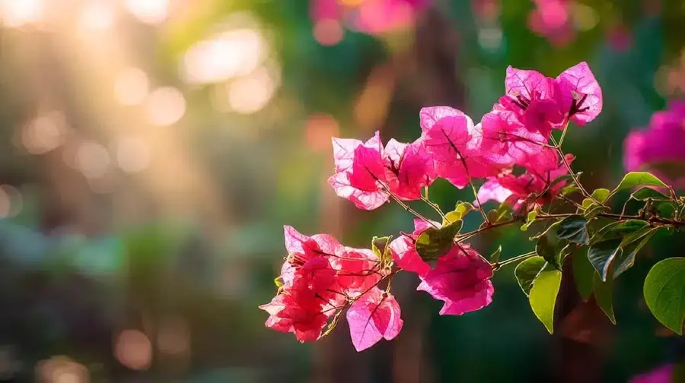 Flores de buganvilla bajo el sol del atardecer