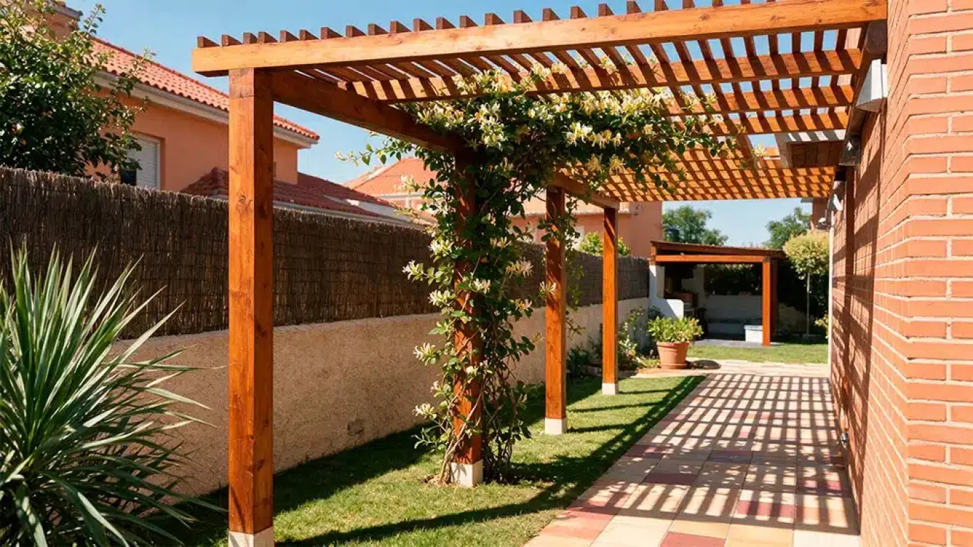 Pérgola de madera con Madreselva trepando por la estructura.